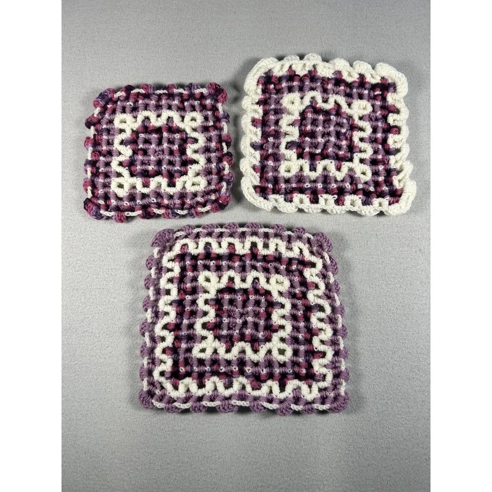 Handmade Crochet Hot Pad Trivets Set of 3 Purple White